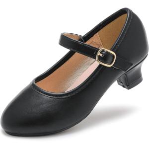 imageDufannie Girls Dress Shoes Low Heel Princess Flats Mary Jane Flower Wedding Party Glitter Shoes for Kids ToddlerClassic Pu Black