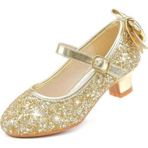 imageDufannie Girls Dress Shoes Low Heel Princess Flats Mary Jane Flower Wedding Party Glitter Shoes for Kids ToddlerElegant Sequin Gold
