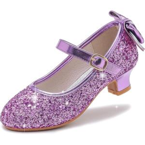 imageDufannie Girls Dress Shoes Low Heel Princess Flats Mary Jane Flower Wedding Party Glitter Shoes for Kids ToddlerElegant Sequin Purple