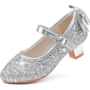 imageDufannie Girls Dress Shoes Low Heel Princess Flats Mary Jane Flower Wedding Party Glitter Shoes for Kids ToddlerElegant Sequin Silver