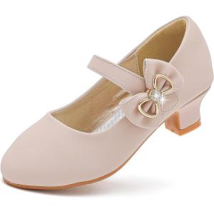 imageDufannie Girls Dress Shoes Low Heel Princess Flats Mary Jane Flower Wedding Party Glitter Shoes for Kids ToddlerGenerous Nubuck Nude