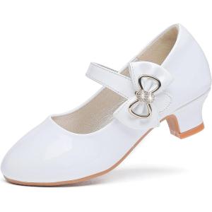 imageDufannie Girls Dress Shoes Low Heel Princess Flats Mary Jane Flower Wedding Party Glitter Shoes for Kids ToddlerGenerous Patent White