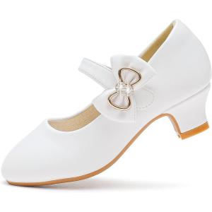 imageDufannie Girls Dress Shoes Low Heel Princess Flats Mary Jane Flower Wedding Party Glitter Shoes for Kids ToddlerGenerous Pu White