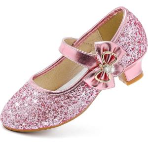 imageDufannie Girls Dress Shoes Low Heel Princess Flats Mary Jane Flower Wedding Party Glitter Shoes for Kids ToddlerGenerous Sequin Pink