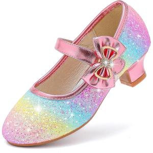 imageDufannie Girls Dress Shoes Low Heel Princess Flats Mary Jane Flower Wedding Party Glitter Shoes for Kids ToddlerGenerous Sequin Rainbow