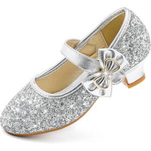 imageDufannie Girls Dress Shoes Low Heel Princess Flats Mary Jane Flower Wedding Party Glitter Shoes for Kids ToddlerGenerous Sequin Silver