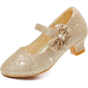 imageDufannie Girls Dress Shoes Low Heel Princess Flats Mary Jane Flower Wedding Party Glitter Shoes for Kids ToddlerGenerous Shimmer Gold