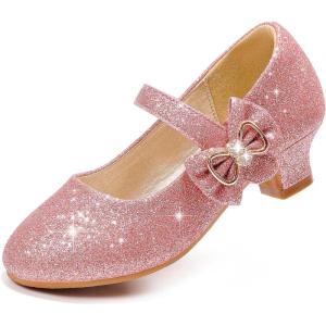 imageDufannie Girls Dress Shoes Low Heel Princess Flats Mary Jane Flower Wedding Party Glitter Shoes for Kids ToddlerGenerous Shimmer Pink