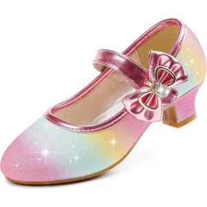 imageDufannie Girls Dress Shoes Low Heel Princess Flats Mary Jane Flower Wedding Party Glitter Shoes for Kids ToddlerGenerous Shimmer Rainbow