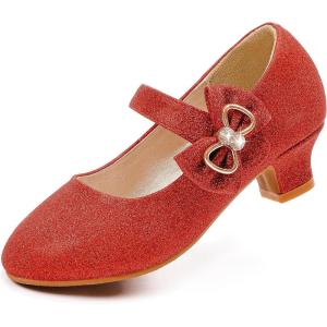 imageDufannie Girls Dress Shoes Low Heel Princess Flats Mary Jane Flower Wedding Party Glitter Shoes for Kids ToddlerGenerous Shimmer Red