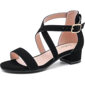 imageDufannie Girls Sandals Low Heels Dress Pump Ankle Strap Open Toe Flower Girl Wedding Party for Toddler Little Big KidCross Nubuck Black