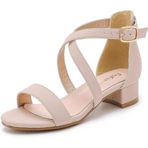 imageDufannie Girls Sandals Low Heels Dress Pump Ankle Strap Open Toe Flower Girl Wedding Party for Toddler Little Big KidCross Nude Nubuck