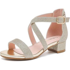 imageDufannie Girls Sandals Low Heels Dress Pump Ankle Strap Open Toe Flower Girl Wedding Party for Toddler Little Big KidCross Shimmer Gold