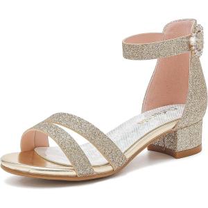 imageDufannie Girls Sandals Low Heels Dress Pump Ankle Strap Open Toe Flower Girl Wedding Party for Toddler Little Big KidDouble Shimmer Gold