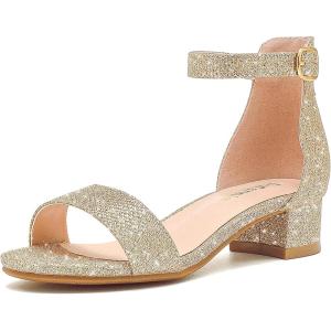 imageDufannie Girls Sandals Low Heels Dress Pump Ankle Strap Open Toe Flower Girl Wedding Party for Toddler Little Big KidSingle Glitter Cham