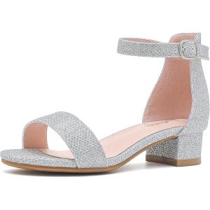 imageDufannie Girls Sandals Low Heels Dress Pump Ankle Strap Open Toe Flower Girl Wedding Party for Toddler Little Big KidSingle Glitter Silver
