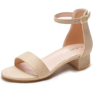 imageDufannie Girls Sandals Low Heels Dress Pump Ankle Strap Open Toe Flower Girl Wedding Party for Toddler Little Big KidSingle Nude Suede