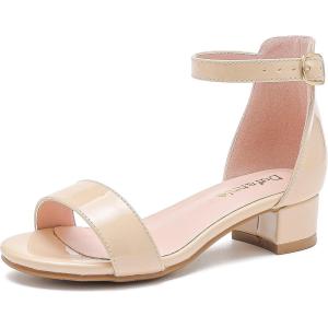 imageDufannie Girls Sandals Low Heels Dress Pump Ankle Strap Open Toe Flower Girl Wedding Party for Toddler Little Big KidSingle Patent Nude