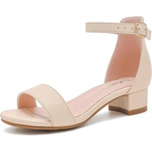 imageDufannie Girls Sandals Low Heels Dress Pump Ankle Strap Open Toe Flower Girl Wedding Party for Toddler Little Big KidSingle Pu Apricot