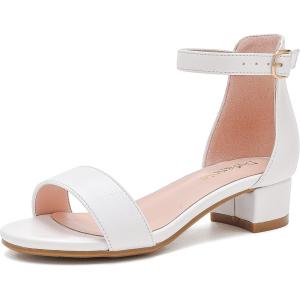 imageDufannie Girls Sandals Low Heels Dress Pump Ankle Strap Open Toe Flower Girl Wedding Party for Toddler Little Big KidSingle Pu White