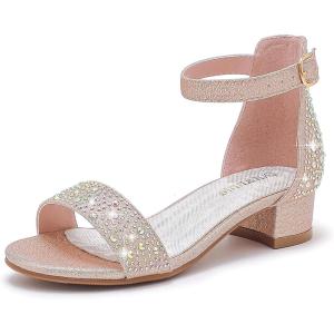 imageDufannie Girls Sandals Low Heels Dress Pump Ankle Strap Open Toe Flower Girl Wedding Party for Toddler Little Big KidSingle Rhinestone Rosegold