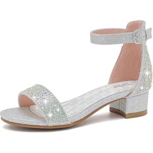 imageDufannie Girls Sandals Low Heels Dress Pump Ankle Strap Open Toe Flower Girl Wedding Party for Toddler Little Big KidSingle Rhinestone Silver