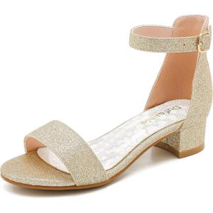 imageDufannie Girls Sandals Low Heels Dress Pump Ankle Strap Open Toe Flower Girl Wedding Party for Toddler Little Big KidSingle Shimmer Gold