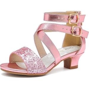 imageDufannie Toddler Little Big Kid High Heels Flower Girls Party Dress Shoes Glitter Pump SandalsCross Patent Pink
