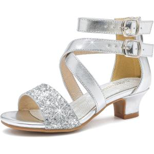 imageDufannie Toddler Little Big Kid High Heels Flower Girls Party Dress Shoes Glitter Pump SandalsCross Patent Silver