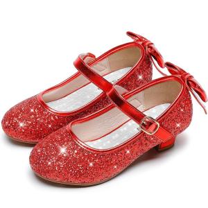imageDufannie Red Girls Low Heel Sparkly Princess Shoes Glitter Toddler Flats Casual Party Dress Shoes for Little Big KidsRed Sequins