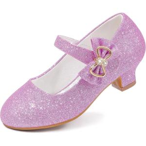 imageDufannie Girls Dress Shoes Low Heel Princess Flats Mary Jane Flower Wedding Party Glitter Shoes for Kids ToddlerGenerous Glitter Purple