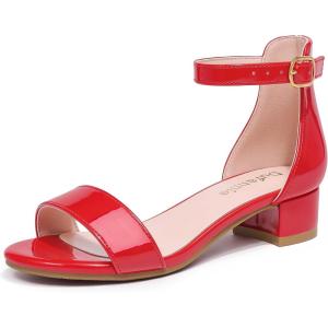 imageDufannie Girls Sandals Low Heels Dress Pump Ankle Strap Open Toe Flower Girl Wedding Party for Toddler Little Big KidPatent Red Single