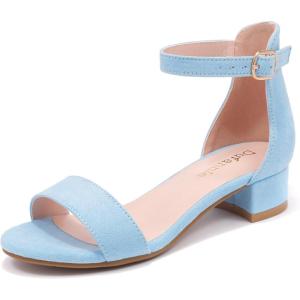 imageDufannie Girls Sandals Low Heels Dress Pump Ankle Strap Open Toe Flower Girl Wedding Party for Toddler Little Big KidSuede Blue Single