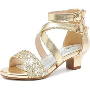 imageDufannie Toddler Little Big Kid High Heels Flower Girls Party Dress Shoes Glitter Pump SandalsCross Patent Gold