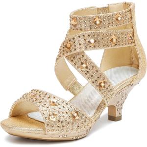 imageDufannie Toddler Little Big Kid High Heels Flower Girls Party Dress Shoes Glitter Pump SandalsGold