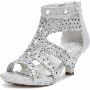 imageDufannie Toddler Little Big Kid High Heels Flower Girls Party Dress Shoes Glitter Pump SandalsSquaresilver